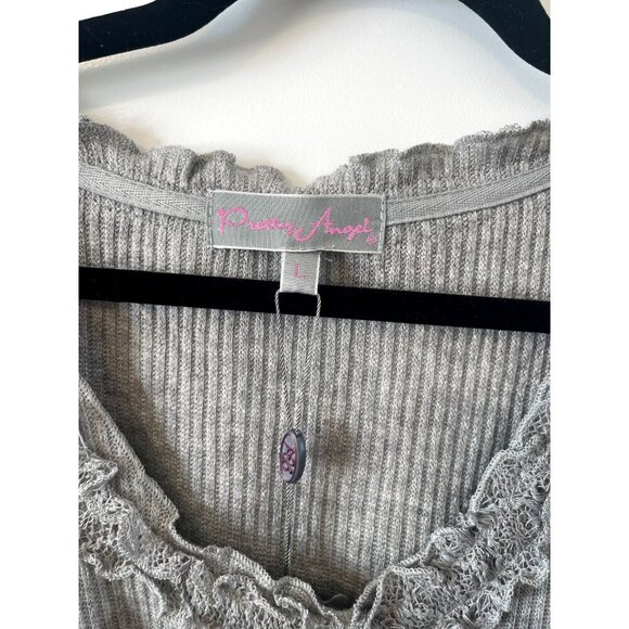 NWT Pretty Angel Long Sleeve Tunic Womens L Gray Crochet Lace Detail Linen Aline - Picture 6 of 6